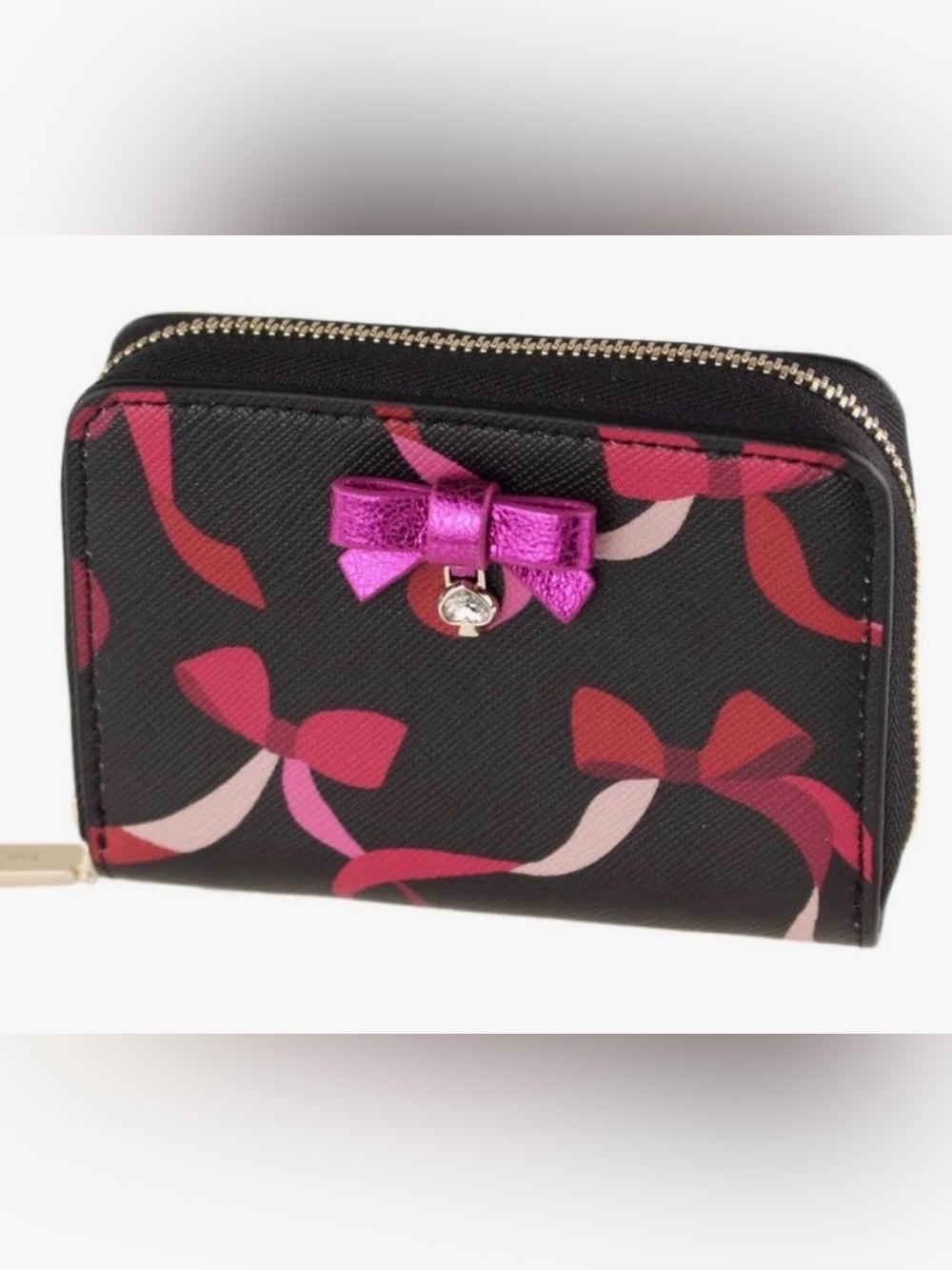 KATE SPADE- ♠️ Women's Black Bow-Accent Zip Wallet - Pink Pattern